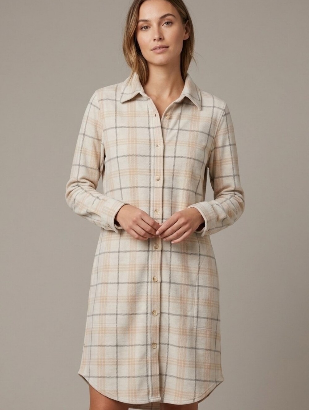 Quince Beige Button Front Stretch Fleece Long Sleeve Plaid Shirt Dress, Medium